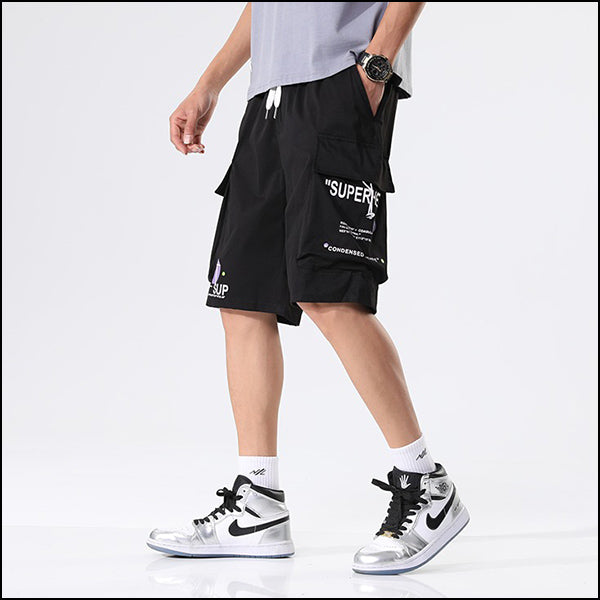 Men's Black Graphic Techwear Cargo Shorts
