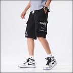 Men's Black Graphic Techwear Cargo Shorts