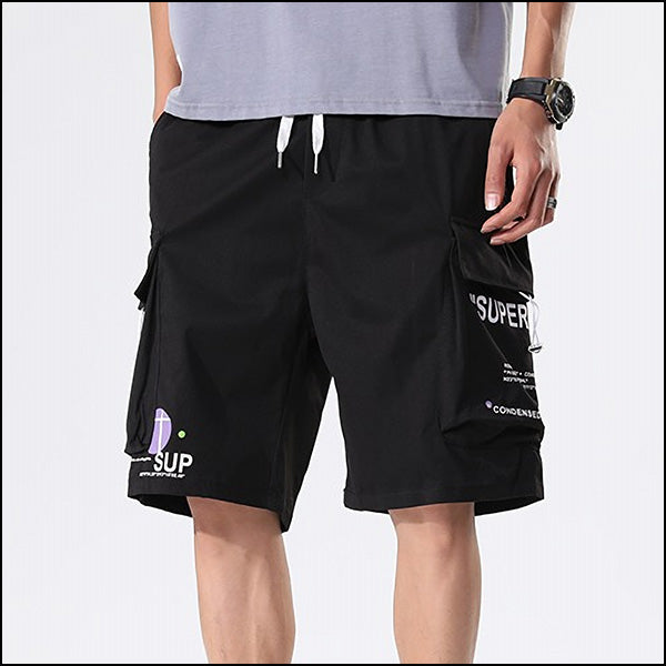 Men's Black Graphic Techwear Cargo Shorts