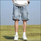 Men's Relaxed Fit Washed Light Blue Denim Cargo Shorts
