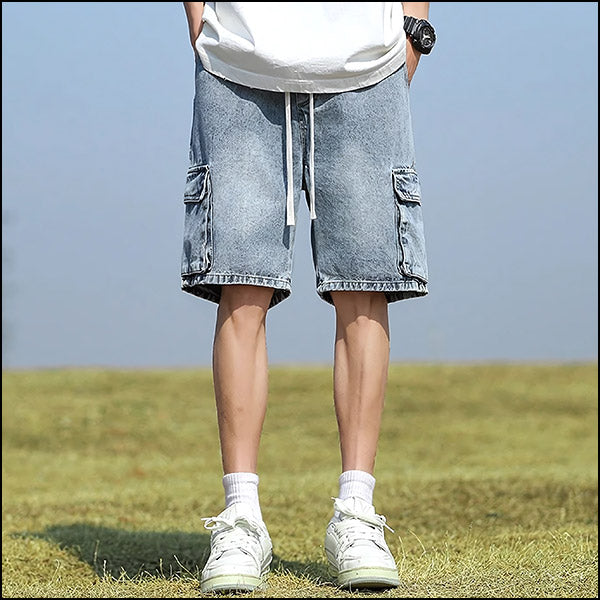 Men's Relaxed Fit Washed Light Blue Denim Cargo Shorts