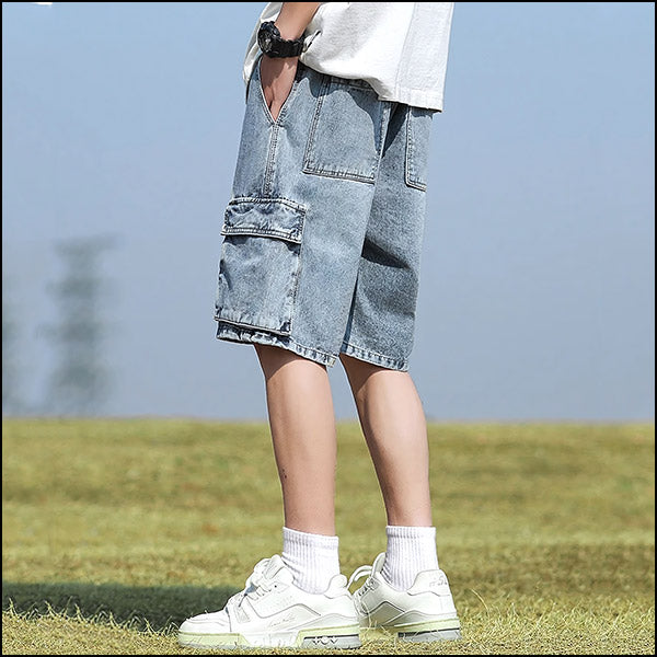 Men's Relaxed Fit Washed Light Blue Denim Cargo Shorts