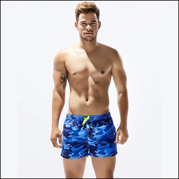 Men's Blue Camo Swim Shorts with Neon Drawstring