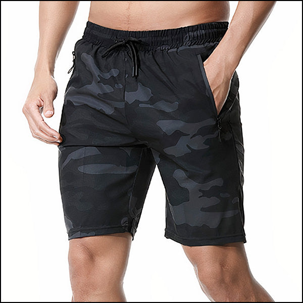Men's Dark Grey Camo Sports Shorts with Zip Pocket