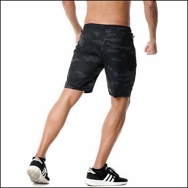 Men's Dark Grey Camo Sports Shorts with Zip Pocket
