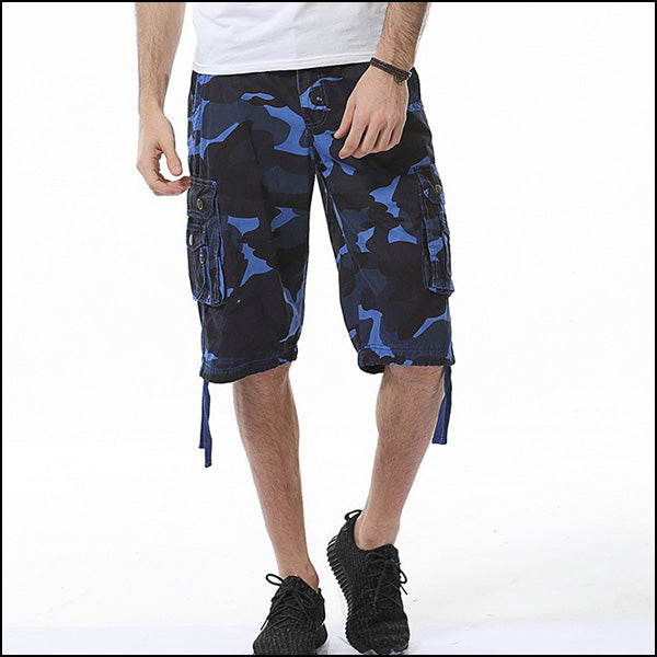 Men's Blue Camouflage Knee-Length Cargo Shorts