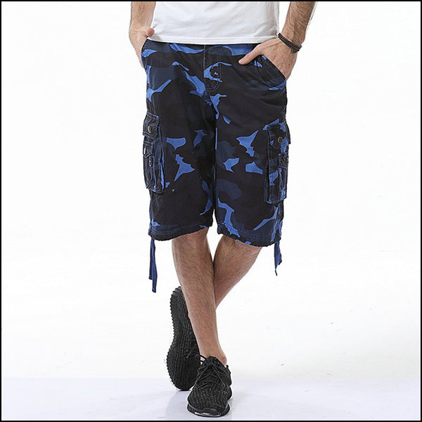 Men's Blue Camouflage Knee-Length Cargo Shorts