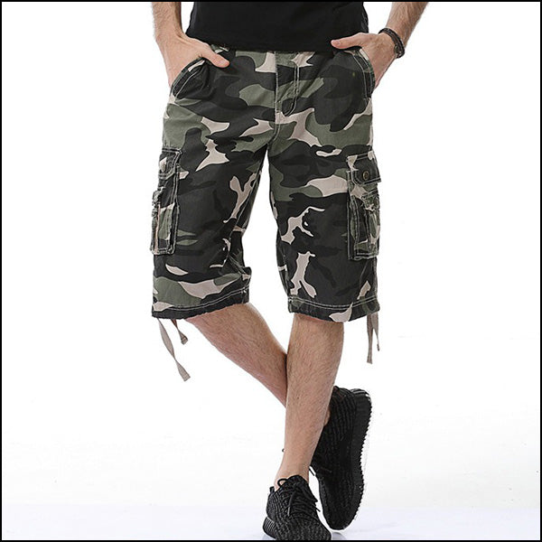 Men's Green Camo Cargo Shorts with Drawstring Hem