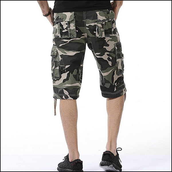 Men's Green Camo Cargo Shorts with Drawstring Hem