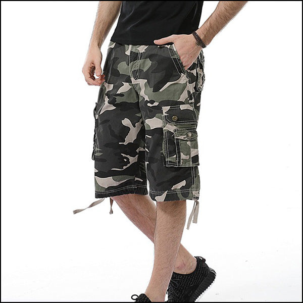Men's Green Camo Cargo Shorts with Drawstring Hem