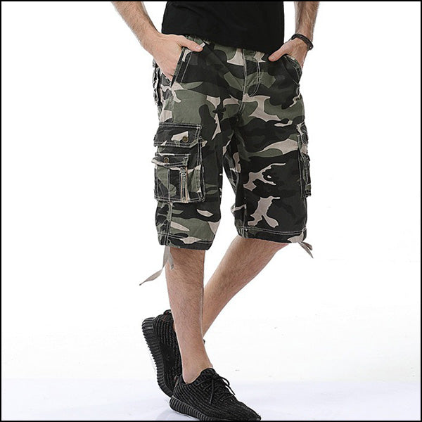 Men's Green Camo Cargo Shorts with Drawstring Hem