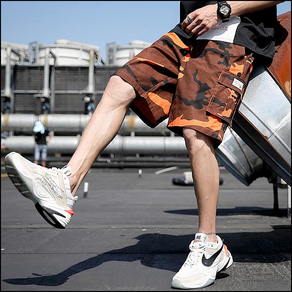 Men's Orange Brown Camo Cargo Shorts with Drawstring