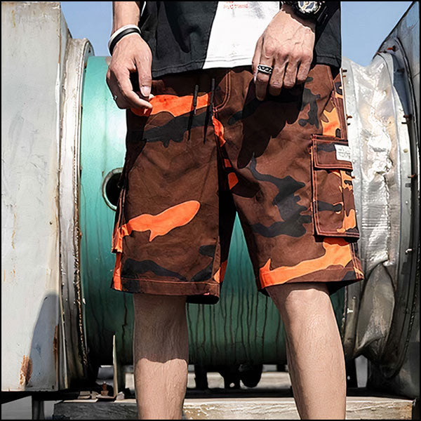 Men's Orange Brown Camo Cargo Shorts with Drawstring