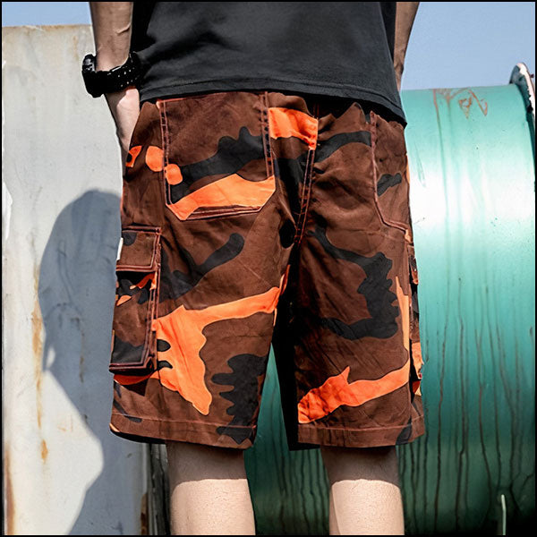 Men's Orange Brown Camo Cargo Shorts with Drawstring