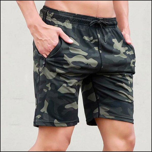 Men's Dark Camo Mesh Athletic Shorts with Zip Pocket