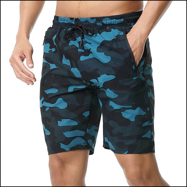 Men's Black & Teal Camo Athletic Shorts with Zip Pocket