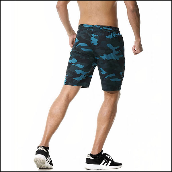 Men's Black & Teal Camo Athletic Shorts with Zip Pocket
