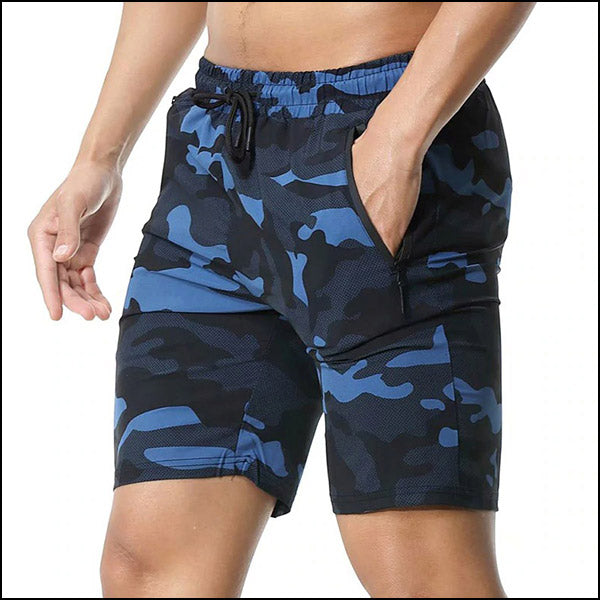 Men's Blue Black Camo Athletic Shorts with Zip Pocket