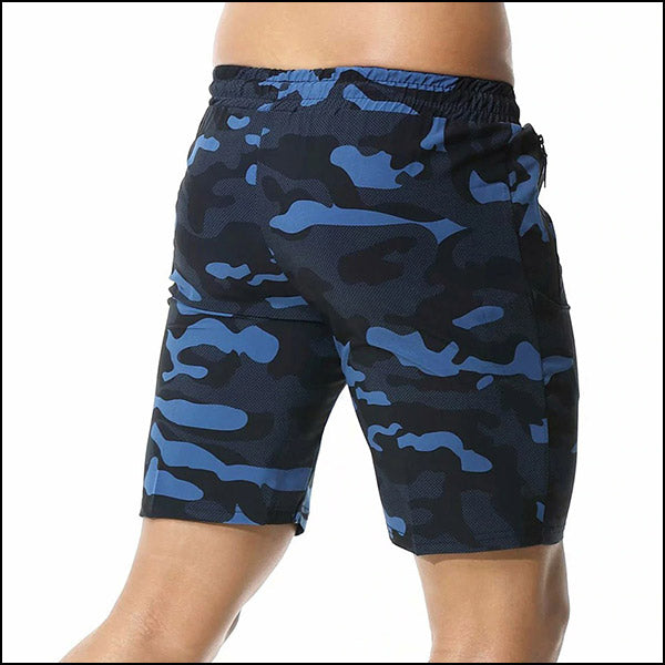 Men's Blue Black Camo Athletic Shorts with Zip Pocket