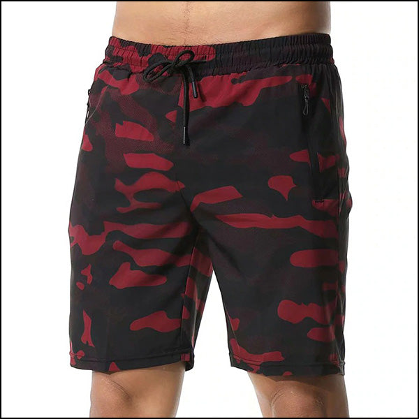 Men's Red Camo Athletic Shorts with Zipper Pocket