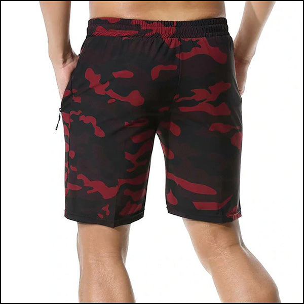 Men's Red Camo Athletic Shorts with Zipper Pocket