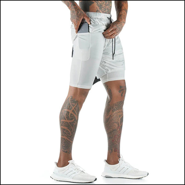 Men's Light Grey Camo 2-in-1 Workout Shorts