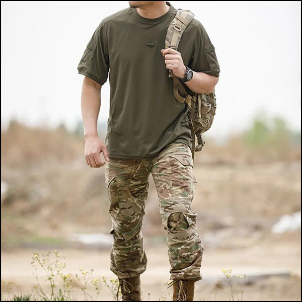 Men's Olive Green Tactical T-Shirt with Sleeve Pockets