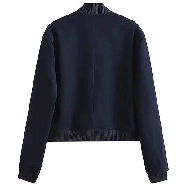 Cropped Navy Blue Bomber Jacket with Flap Pockets
