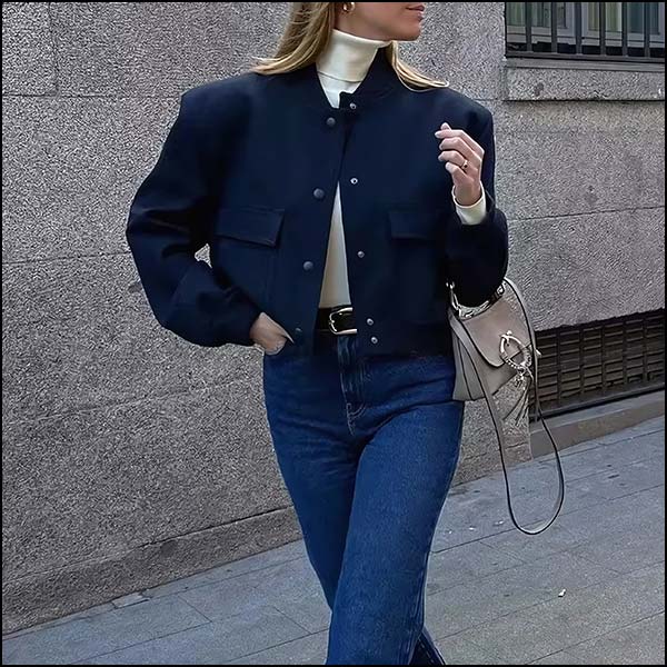 Cropped Navy Blue Bomber Jacket with Flap Pockets