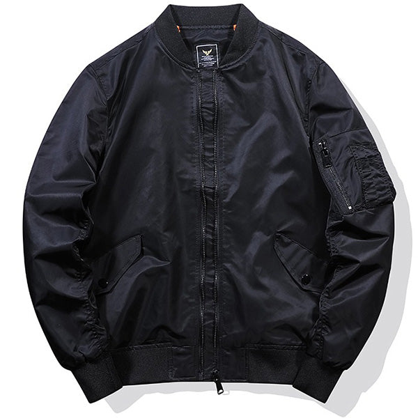 Men's Classic Black Bomber Jacket with Utility Pocket