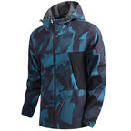 Men's Hooded Blue Geometric Pattern Windbreaker