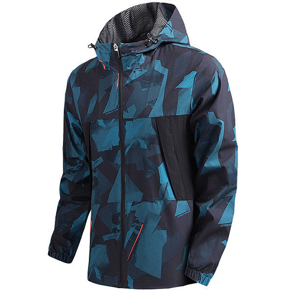 Men's Hooded Blue Geometric Pattern Windbreaker