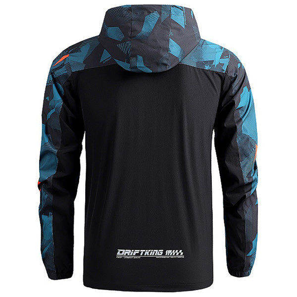 Men's Hooded Blue Geometric Pattern Windbreaker
