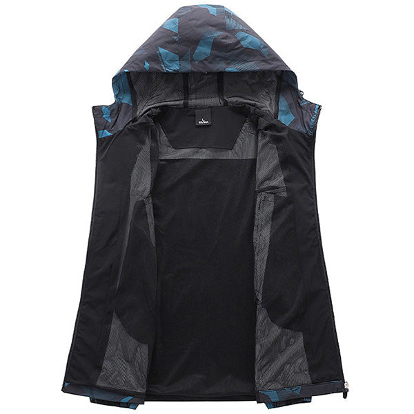 Men's Hooded Blue Geometric Pattern Windbreaker
